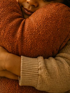 Criança abraçada a uma almofada macia, com os olhos fechados