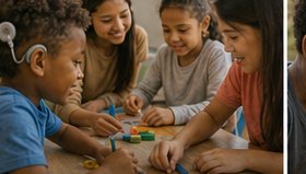 Crianças construindo juntas em uma mesa, uma delas com aparelho auditivo