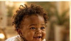 Bebê sorrindo, apoiado no chão em posição de exploração