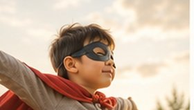 Menino de capa e máscara olhando para o horizonte ao entardecer