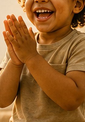 Criança batendo palmas e sorrindo, comemorando uma conquista