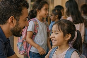 Educador recebendo crianças na entrada da escola, em conversa na altura dos olhos