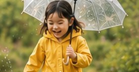 Criança de capa de chuva amarela sorrindo ao ar livre