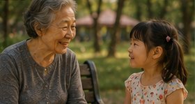 Menina conversando animadamente com uma senhora sentada ao seu lado