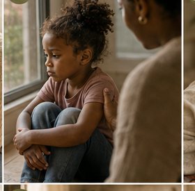 Criança sentada perto da janela, de braços cruzados, com a mãe por perto