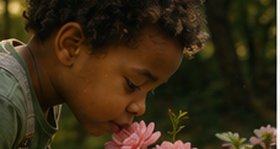 Criança observando de perto uma flor, investigando com atenção