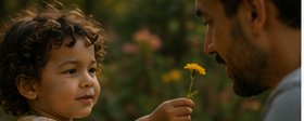 Adulto agachado na altura de uma criança, recebendo uma flor das mãos dela