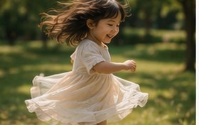Menina girando e rindo em um gramado, com o vestido em movimento