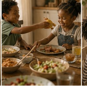 Dois irmãos rindo e dividindo comida à mesa do almoço