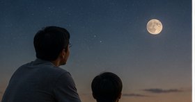 Adulto e criança sentados lado a lado observando a lua no fim do dia