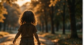 Criança caminhando sozinha por um parque na luz do fim de tarde