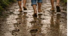 Pegadas de crianças no barro molhado, marcando o caminho percorrido