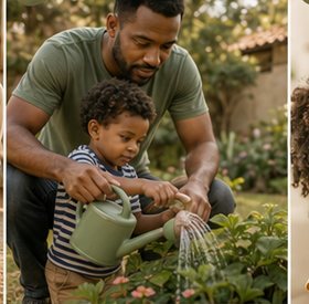 Adulto e criança pequena regando plantas juntos em um jardim