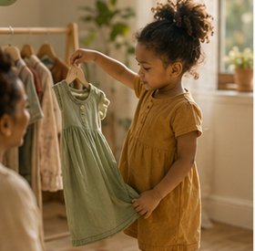 Menina pequena segurando um vestido em um cabide, escolhendo a roupa