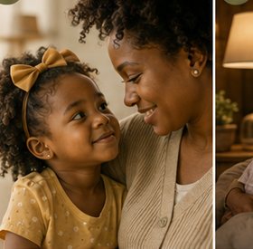 Mãe e filha de rosto colado, sorrindo, em luz suave de fim de tarde
